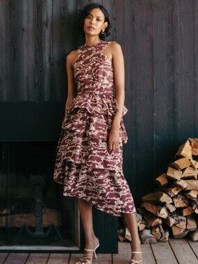 Cleobella Abstract Midi Dress in Brown & White Size Small Like New